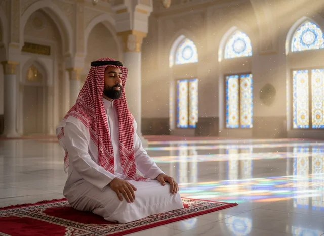 رجل سعودي يصلي داخل المسجد تحت ضوء الشمس رجل سعودي يصلي داخل المسجد تحت ضوء الشمس