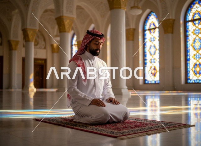 رجل سعودي يصلي داخل المسجد بالزي التقليدي