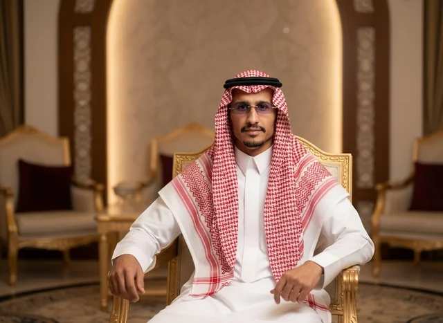 رجل سعودي بالزي التقليدي في مجلس فاخر تصميم داخلي