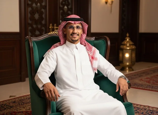 Saudi Man in Traditional Thobe and Shemagh Indoors