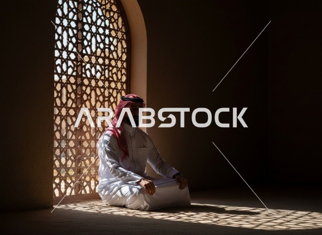 رجل سعودي في المسجد تحت ضوء النافذة المزخرفة