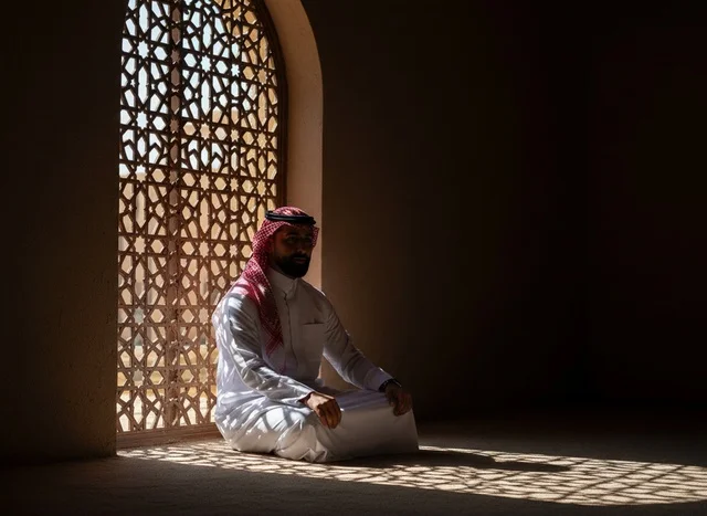 Saudi Man in Mosque with Geometric Window Light