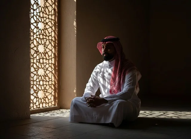 Saudi Man in Traditional Thobe Sitting by Window