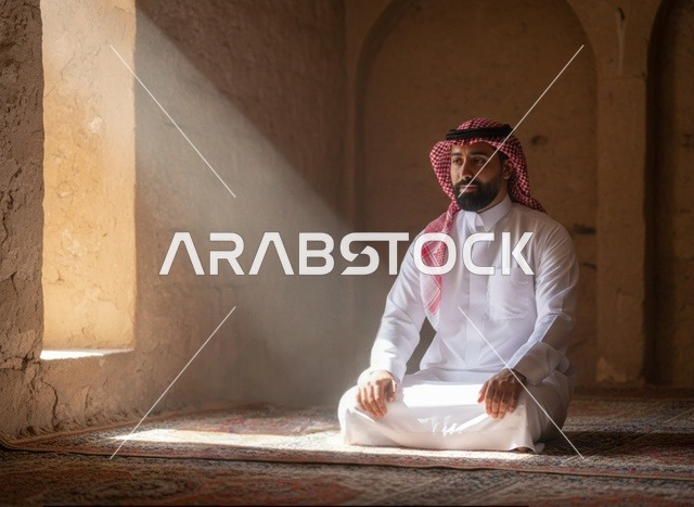 رجل سعودي يصلي في المسجد تحت شعاع الشمس