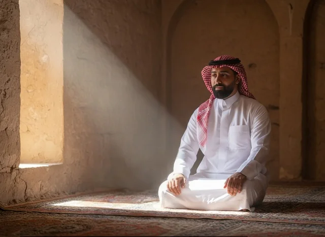 رجل سعودي يصلي في المسجد تحت شعاع الشمس