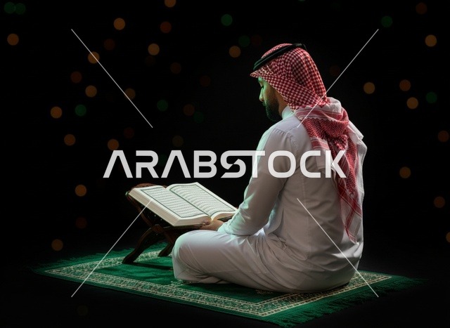 رجل سعودي يقرأ القرآن الكريم على سجادة الصلاة