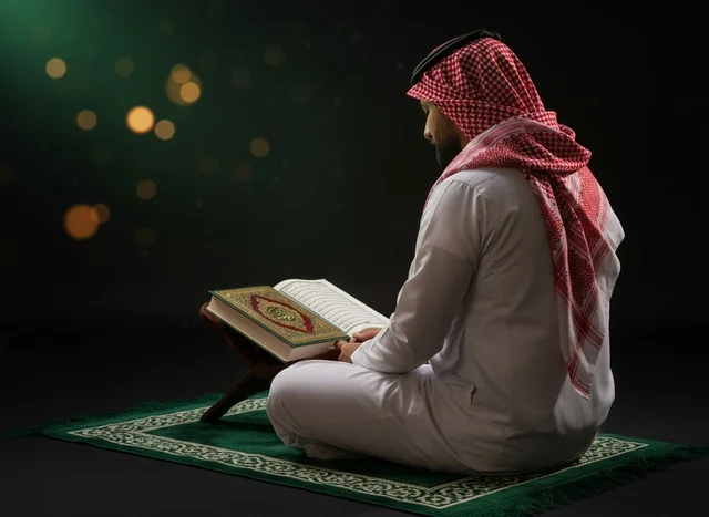 Saudi Man Reading Holy Quran on Prayer Rug