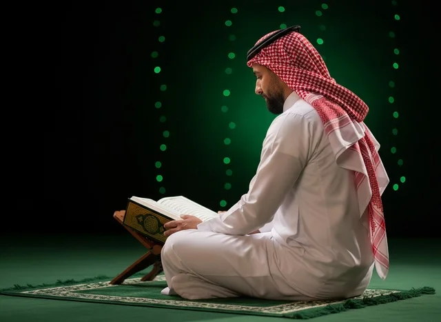 رجل سعودي يقرأ القرآن الكريم على سجادة الصلاة