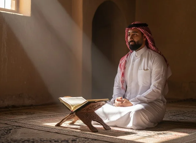 Saudi Man Reading Quran in Mosque with Natural Sunlight