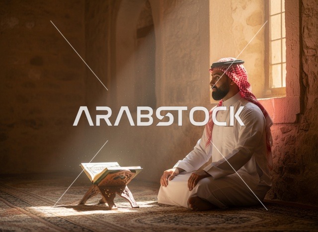 رجل سعودي يقرأ القرآن الكريم داخل المسجد تحت أشعة الشمس