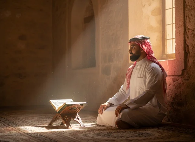 رجل سعودي يقرأ القرآن الكريم داخل المسجد تحت أشعة الشمس