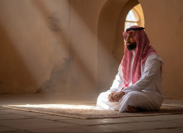 Saudi Man in Traditional Thobe Praying with Sunlight