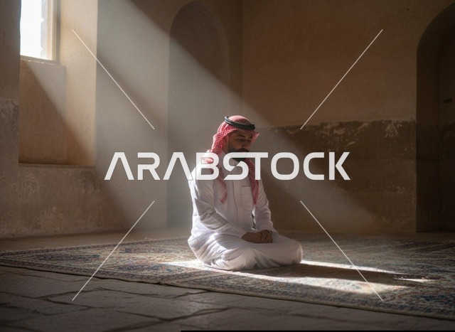 رجل سعودي يصلي داخل المسجد تحت شعاع الشمس