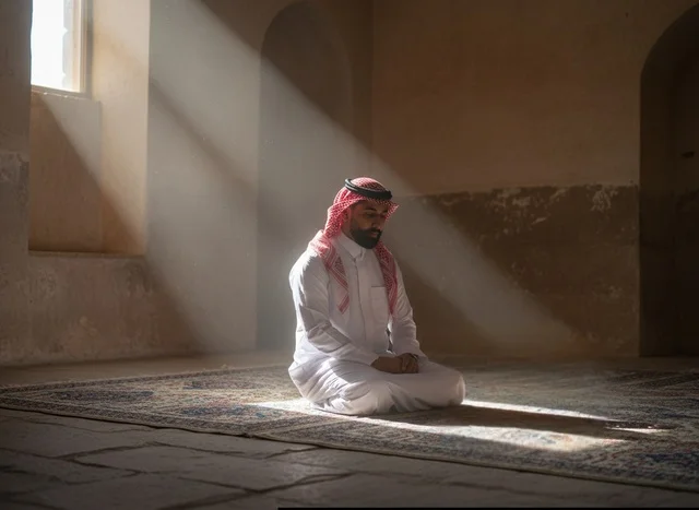 رجل سعودي يصلي داخل المسجد تحت شعاع الشمس