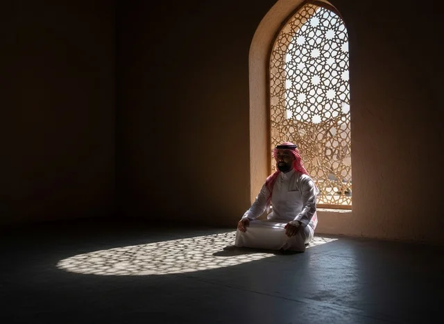 Saudi Man in Traditional Mosque with Geometric Light