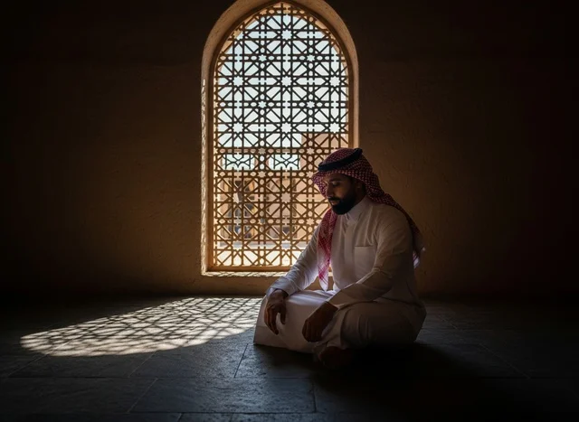 Saudi Man in Traditional Thobe by Historic Window