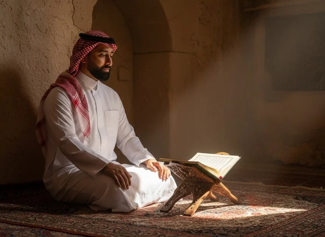 رجل سعودي بالزي التقليدي يقرأ القرآن تحت ضوء الشمس