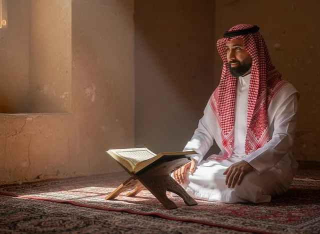 رجل سعودي يقرأ القرآن في ضوء الشمس