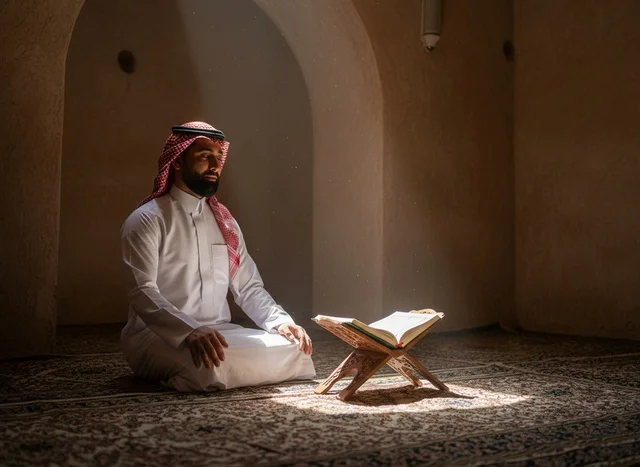 رجل سعودي يقرأ القرآن الكريم في المسجد