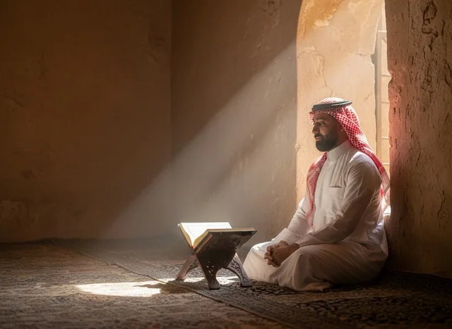 رجل سعودي يقرأ القرآن في المسجد تحت الضوء