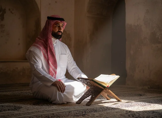 رجل سعودي يقرأ القرآن الكريم في مسجد تقليدي