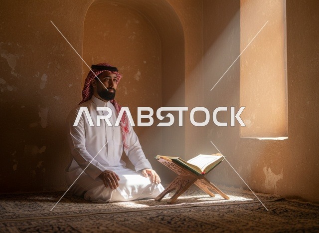 رجل سعودي يقرأ القرآن تحت أشعة الشمس