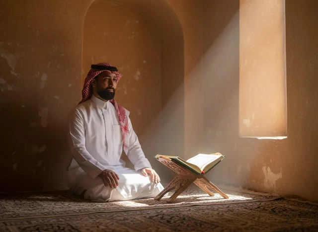 Saudi Man Reading Quran with Sunlight Rays