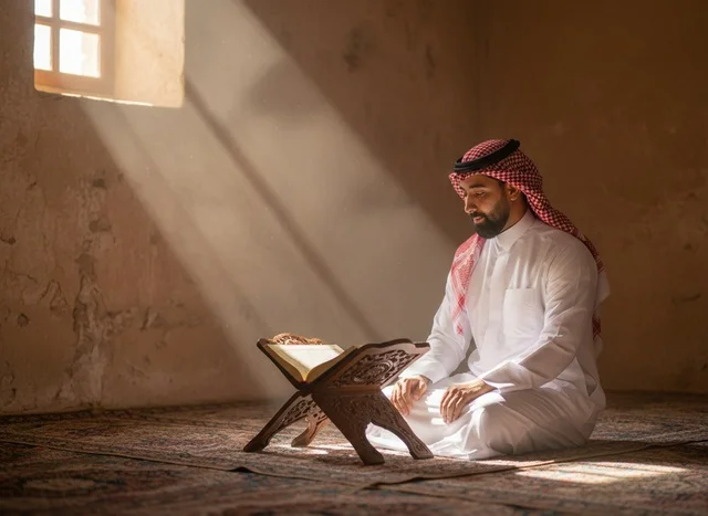 رجل سعودي يقرأ القرآن في المسجد تحت ضوء الشمس