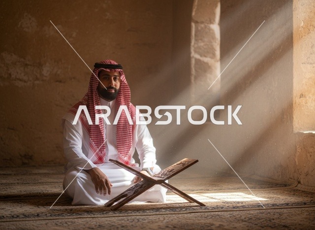 رجل سعودي في مسجد قديم مع أشعة الشمس وحامل المصحف