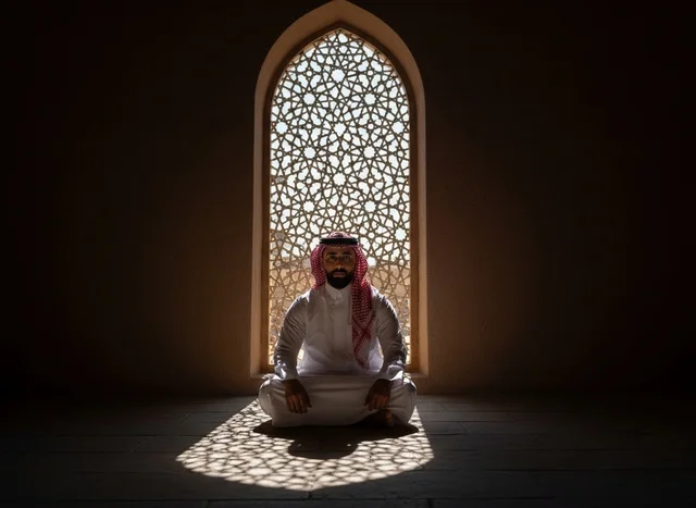 Saudi Man in Traditional Thobe by Mosque Lattice Window