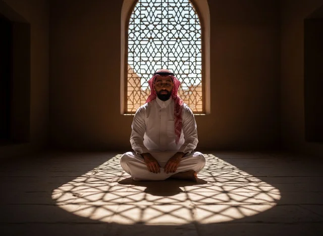 Saudi Man in Traditional Building with Geometric Shadows