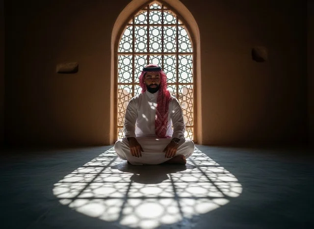 رجل سعودي بالزي التقليدي يجلس داخل المسجد