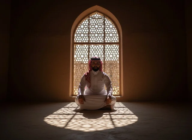 رجل سعودي بالزي التقليدي أمام نافذة تراثية