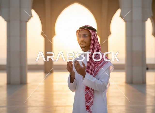 رجل سعودي يدعو في المسجد وقت الغروب