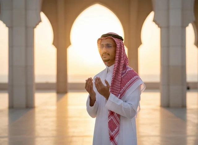 رجل سعودي يدعو في المسجد وقت الغروب