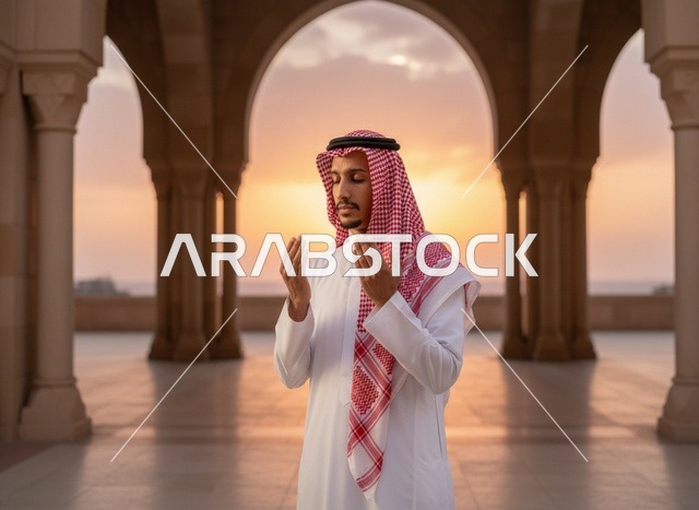 رجل سعودي يصلي في المسجد وقت الغروب