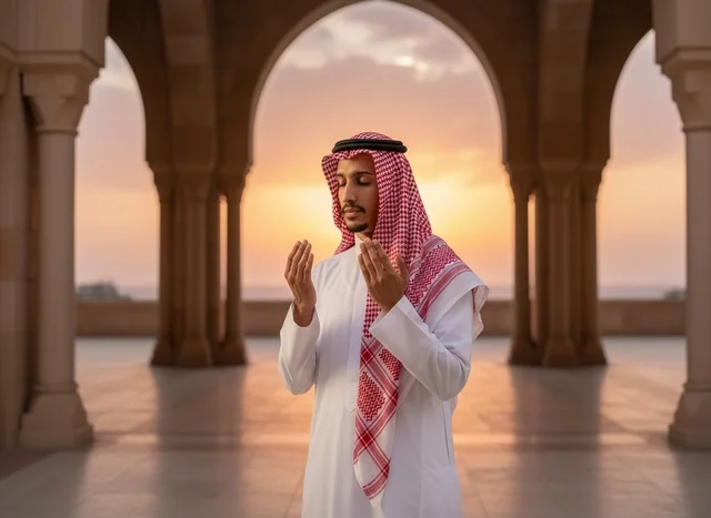 Saudi Man Praying in Mosque at Sunset