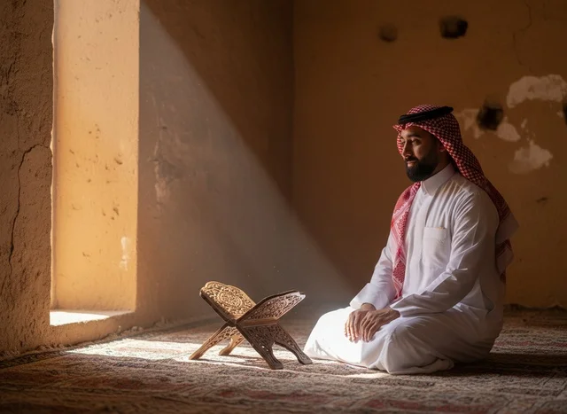 Saudi Man in Traditional Dress Praying in Sunlight