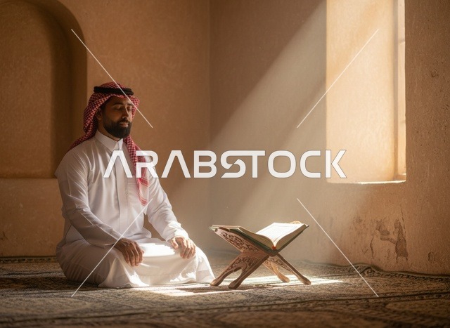 رجل سعودي يقرأ القرآن في المسجد تحت أشعة الشمس