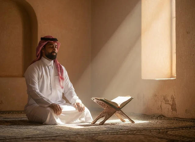 Saudi Man Reading Quran in Mosque with Sunlight