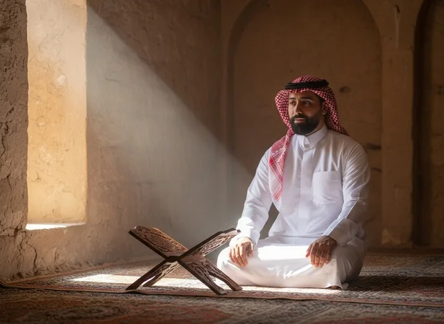 رجل سعودي بالثوب التقليدي يصلي مع دخول ضوء الشمس