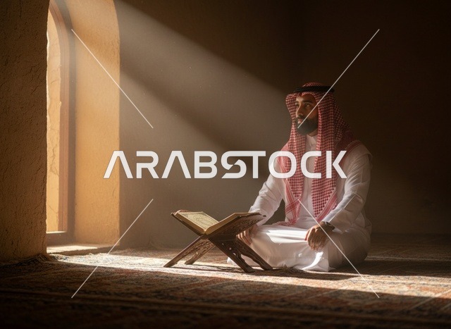 رجل سعودي يقرأ القرآن الكريم في المسجد تحت أشعة الشمس