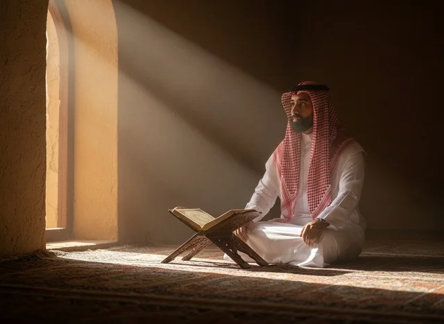 Saudi Man Reading Quran in Mosque with Sunlight Rays Saudi Man Reading Quran in Mosque with Sunlight Rays