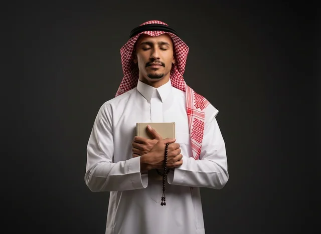 رجل سعودي بالزي التقليدي يحمل القرآن الكريم والمسبحة