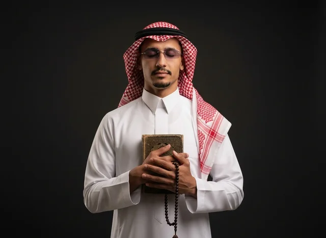 Saudi Man Holding Quran and Prayer Beads Portrait