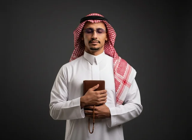 Saudi Man in Traditional Dress Holding Holy Quran