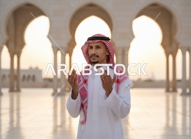 رجل سعودي يرفع يديه بالدعاء في ساحة المسجد