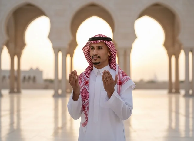 Saudi Man Supplicating at Mosque Courtyard