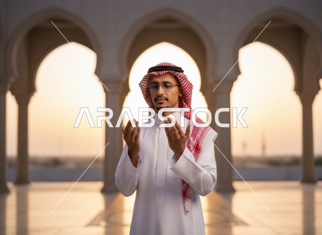 رجل سعودي يدعو في ساحة المسجد وقت الغروب