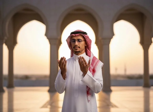 رجل سعودي يدعو في ساحة المسجد وقت الغروب